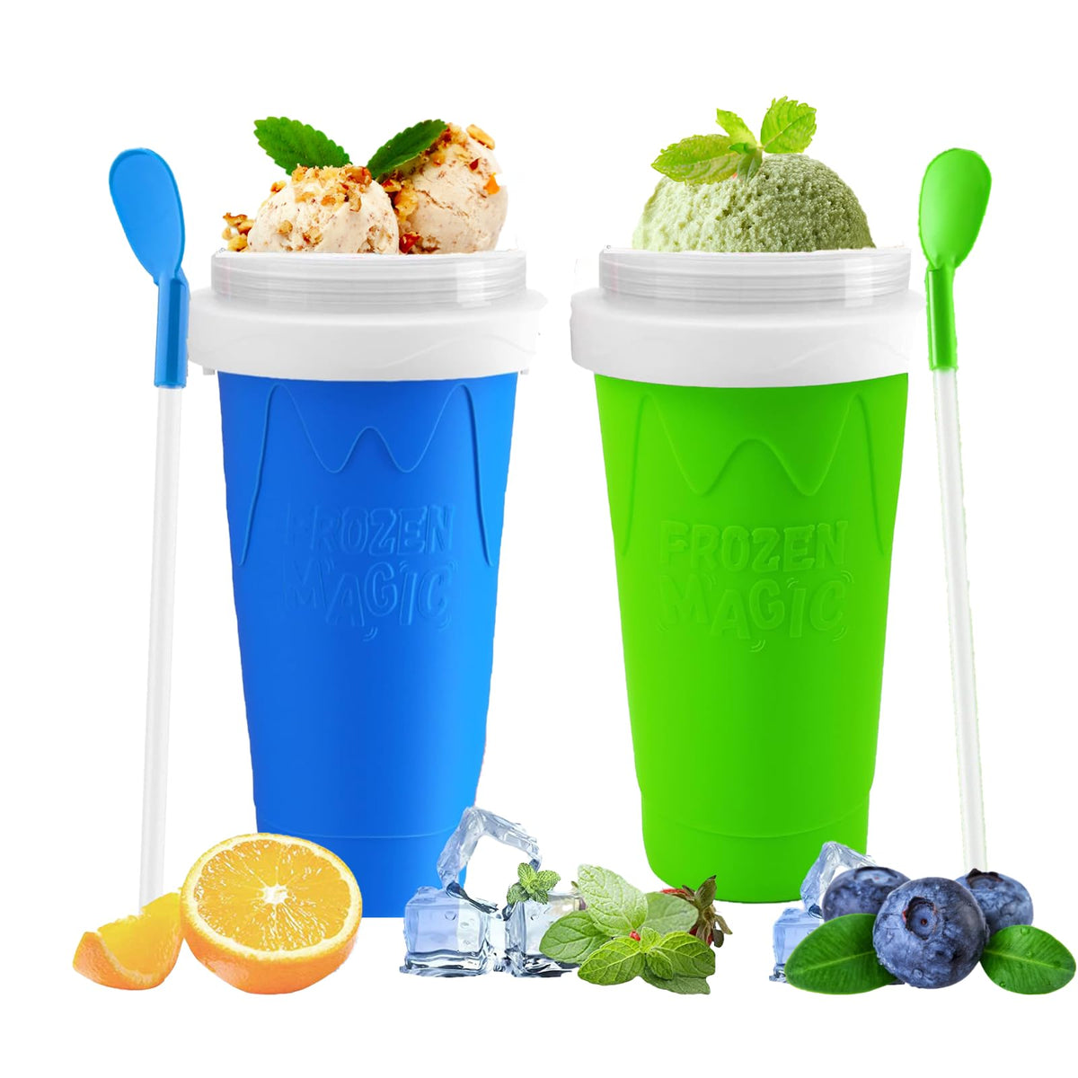 2 opakowania Magic Quick Frozen Smoothies Maker - przenośny dwuwarstwowy kubek do robienia mrożonych koktajli ze słomką i łyżeczką, prezent dla każdego
