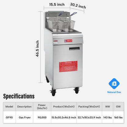 WESTLAKE Commercial Gas Deep Fryer, Stainless Steel Free Standing Floor Frye with Baskets 3 Tube 90000 BTU 40LB for Restaurants