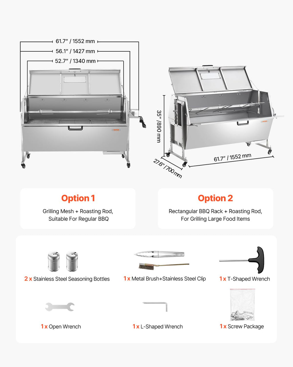 VEVOR 60W Rotisserie Grill with Hooded Cover, 56 Inch Pig Lamb Goat Rotisserie Grill Roaster, 286Lbs Capacity, Stainless Steel Charcoal Spit Roaster with Lockable Wheels, for Camping Outdoor Barbecue