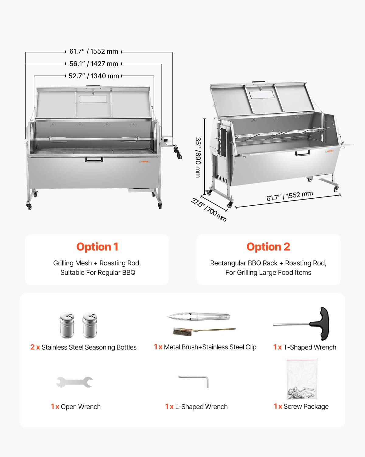 VEVOR 60W Rotisserie Grill z Kapturkiem, 56-calowy Rotisserie Pig Lamb Goat, Pojemność 286Lbs, Rożen węglowy ze stali nierdzewnej z blokowanymi kółkami, do grillowania na kempingu i na zewnątrz