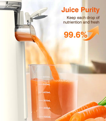 Cold Press Juicer, Updated Masticating Juicer Machines with 5" Feeding Chute Fit Whole Fruits &Vegetables, 99.6% Juice Purity, Streamlined Parts Easier to Clean/1.5L Capacity/2 Cups Included