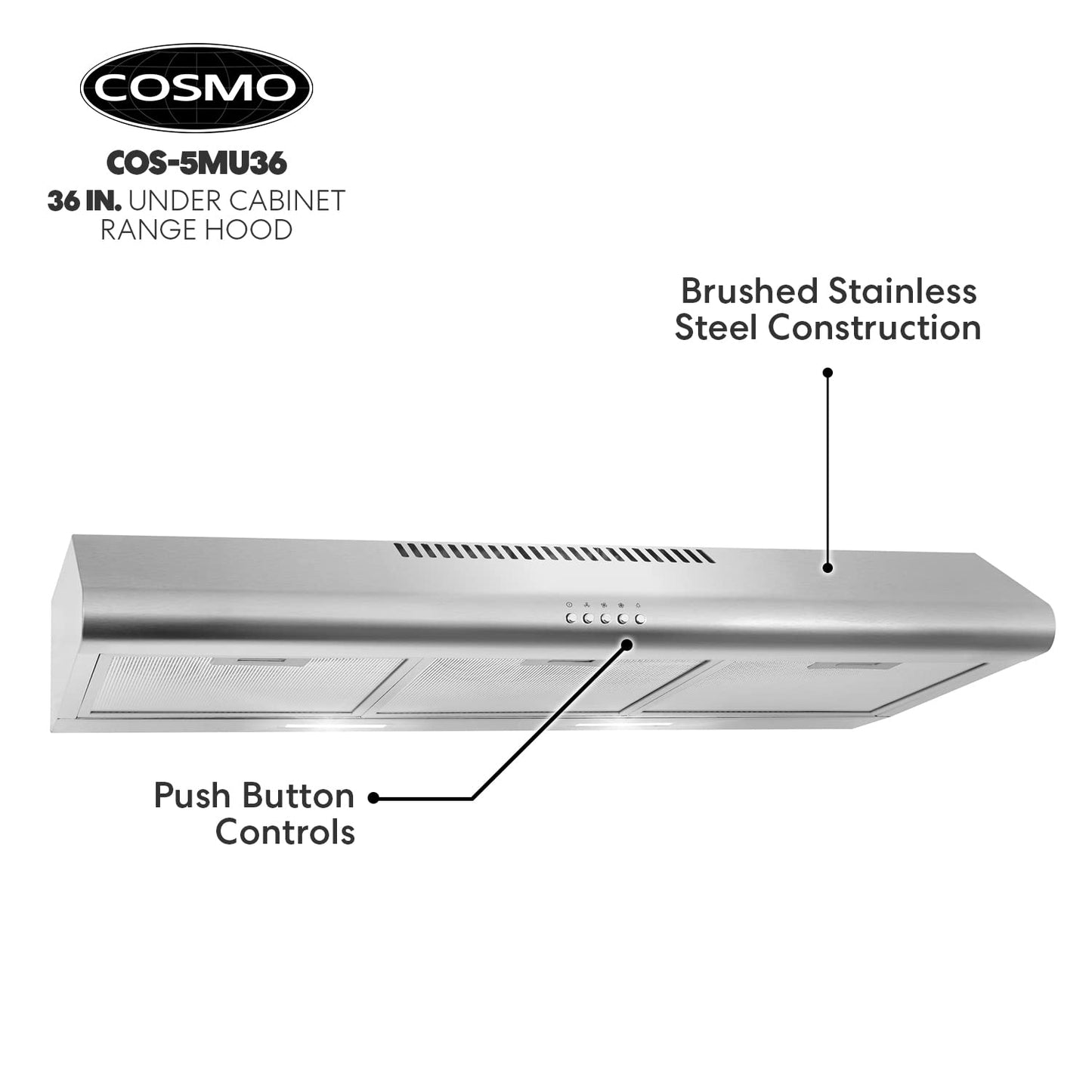 COSMO COS-5MU36 36 in. Delta Collection Ducted Under Cabinet Range Hood, Button Controls, Reusable Filters, LED Lights, Stainless Steel