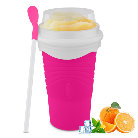 Slushie Maker Cup, DIY Magic Slushy Maker Squeeze Cup, Portable Smoothie Squeeze Cup for Juices, Milk and Ice Cream Make, Double Layers Silica Cup with Lid & Straw for Friends, Family Gifts (Pink)