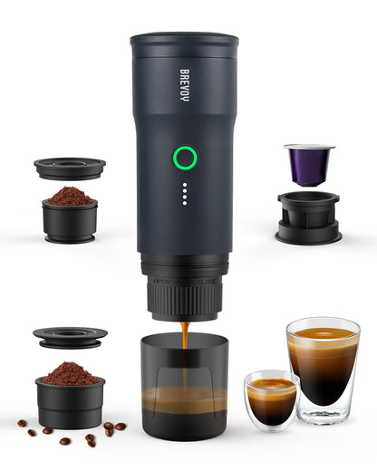 BREVOY Portable Electric Espresso Machine, Ground Coffee & Capsule, Self-Heating, 20 Bar 12V Mini Car Travel Coffee Maker with 9000mAh Battery-Ideal for Camping, RV, Hiking, Office