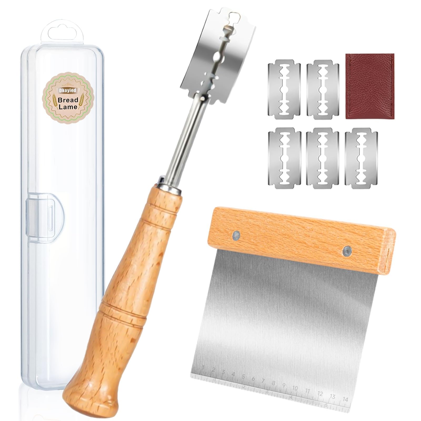 Hand Crafted Bread Lame Premium Sourdough Scoring Tool Bread Making Tools Set of 3 pieces Bread Knife(5 Blades) with Danish Dough Whisk and Dough Scraper Bread Cutter