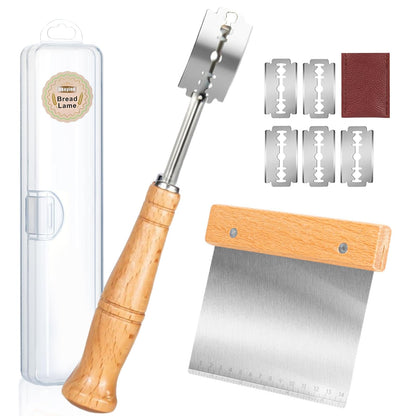 Hand Crafted Bread Lame Premium Sourdough Scoring Tool Bread Making Tools Set of 3 pieces Bread Knife(5 Blades) with Danish Dough Whisk and Dough Scraper Bread Cutter