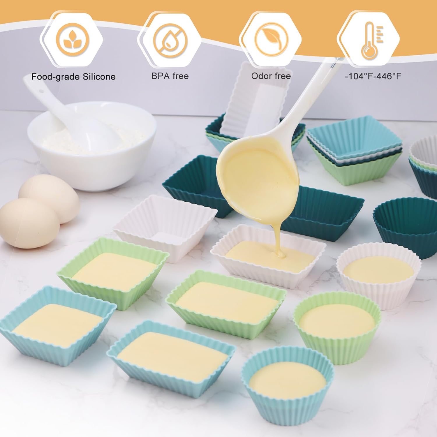 24Pack Silicone Muffin Cups, Reusable Cupcake Liners Molds for Baking, 3 Shapes Lunch Box Bento Dividers-Round, Square, and Rectangular (Neutral Colors, Regular Size)
