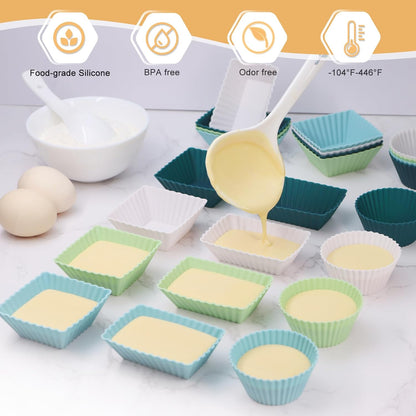 24Pack Silicone Muffin Cups, Reusable Cupcake Liners Molds for Baking, 3 Shapes Lunch Box Bento Dividers-Round, Square, and Rectangular (Neutral Colors, Regular Size)