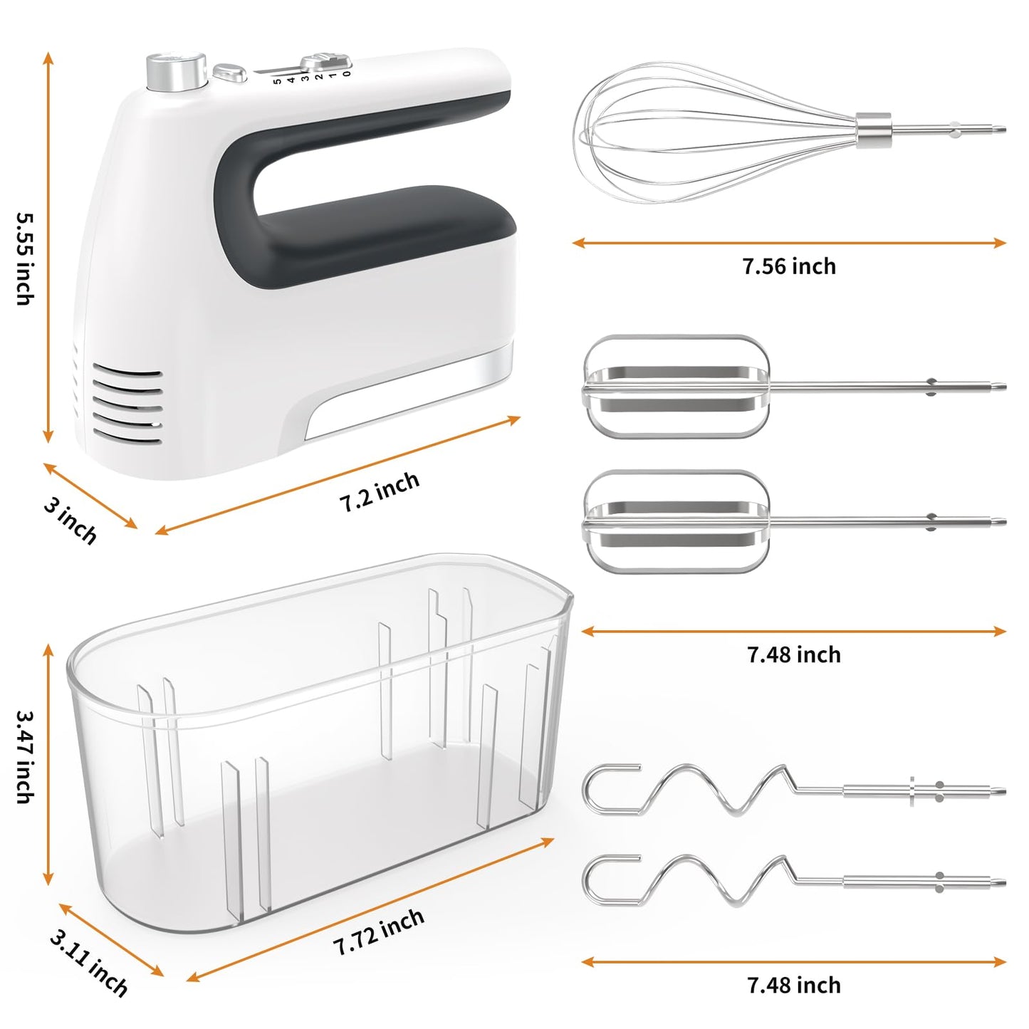 CBQ Hand Mixer Electric, 5-Speed 400W Powerful Motor, Hand Mixer Electric Handheld with Storage Case, Turbo Boost and 5x Accessories, Flat Beaters, Dough Hooks, Whisk (White)