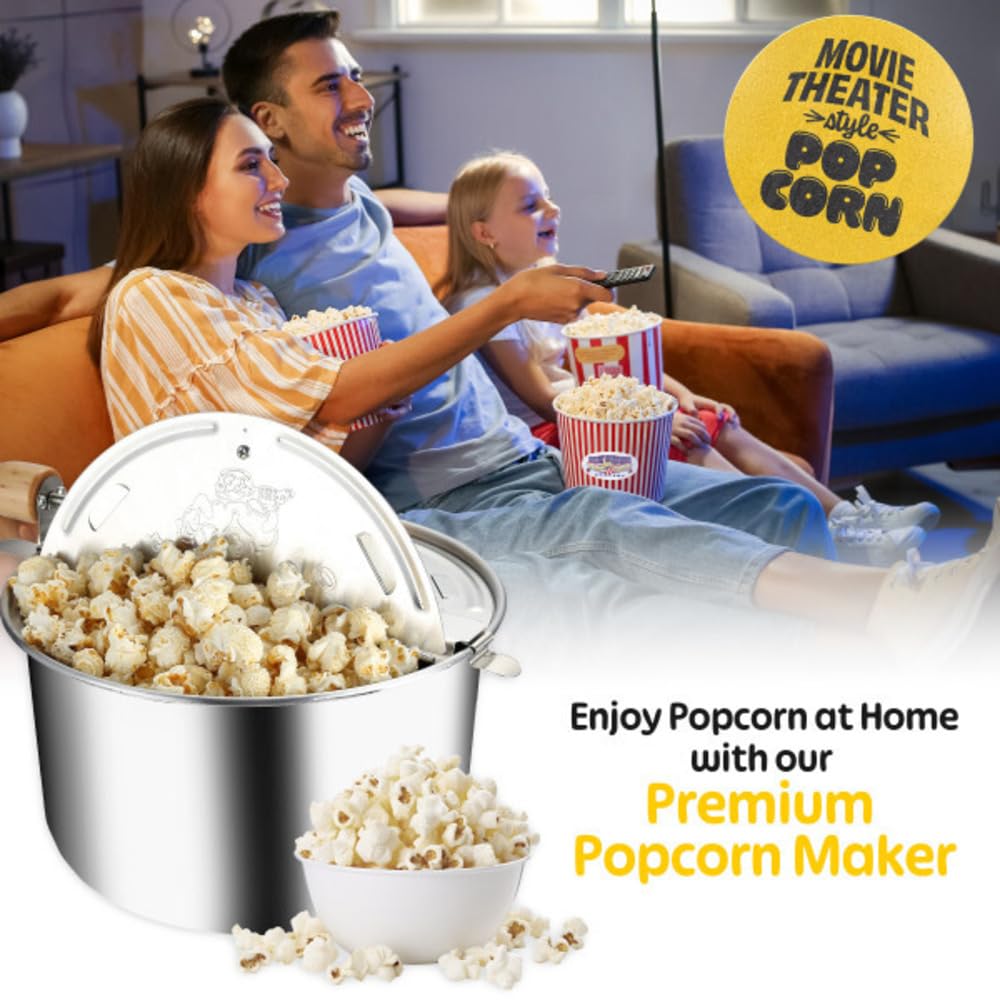 Maszyna do popcornu na kuchence - 6-kwartowa aluminiowa maszynka do popcornu z korbą ręczną, pokrywką z otworem wentylacyjnym i mieszadłem firmy Great Northern Popcorn (srebrna)