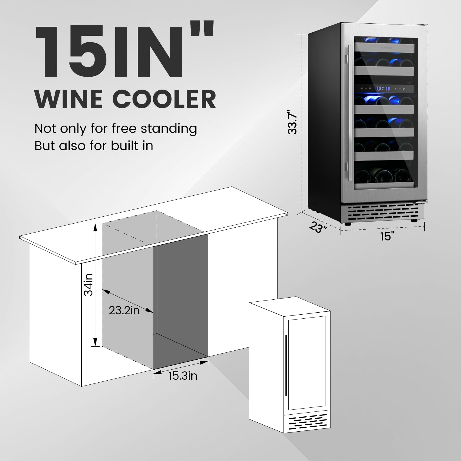 VINECOLD 15 Inch Wine Fridge Under Counter, Dual Zone 28 Bottle Wine Cooler Refrigerator, Seamless Reversible Door,New Upgrade Built-in/Freestanding Wine Cooler for Home and Kitchen