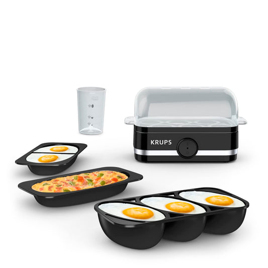 KRUPS: Simply Electric Plastic and Stainless Steel Egg Cooker 6 Eggs 400 Watts Hard, Medium, and Soft Boiled, Poached, Scrambled, Omelets, Rapid Cook Black