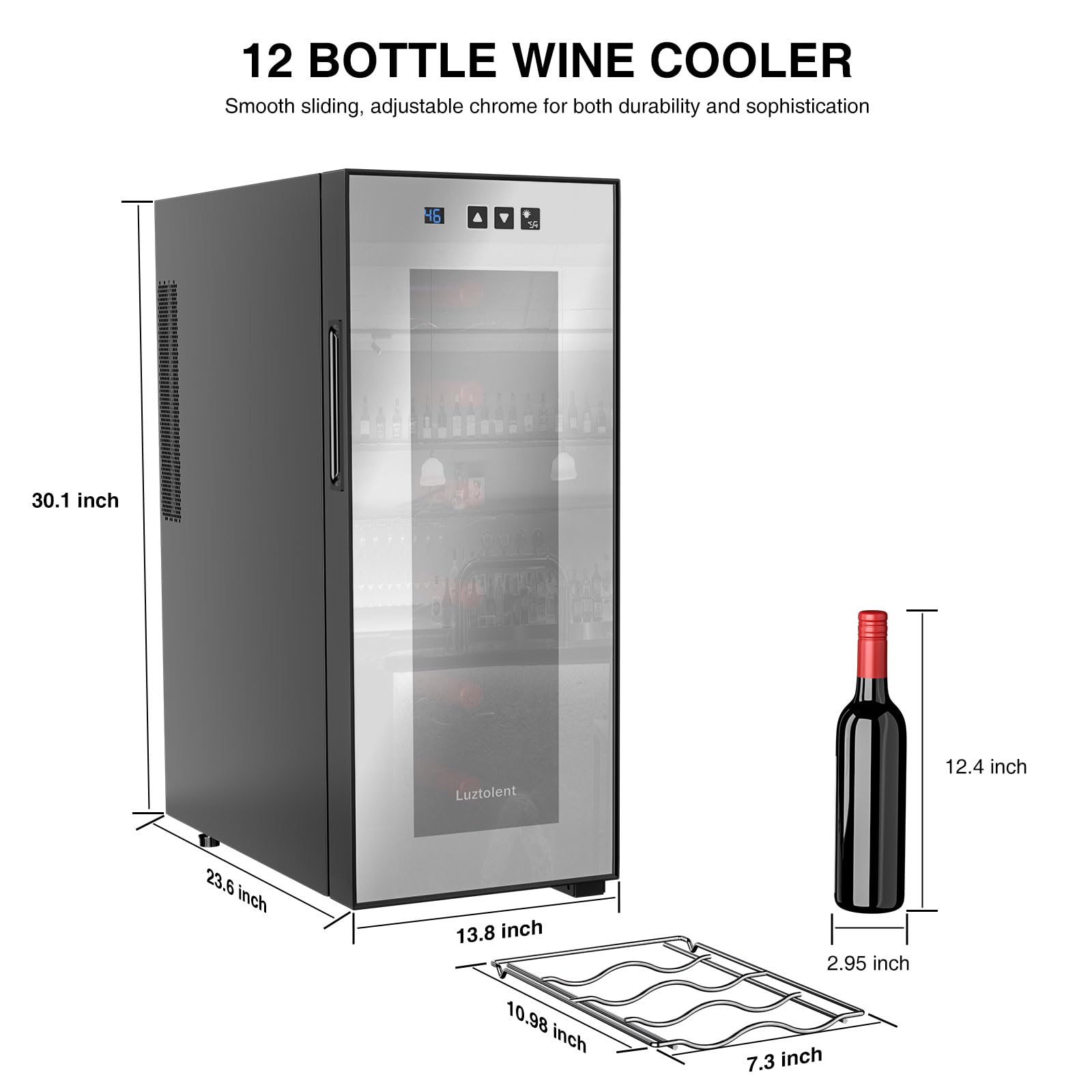 Luztolent 12 Bottles Wine Fridge, Wine Cooler Refrigerator, 46-66℉ Digital Temperature Control & Double-chip Cooling System, 38dB Low Noise, Small Fridge for Kitchen, Condo, RV