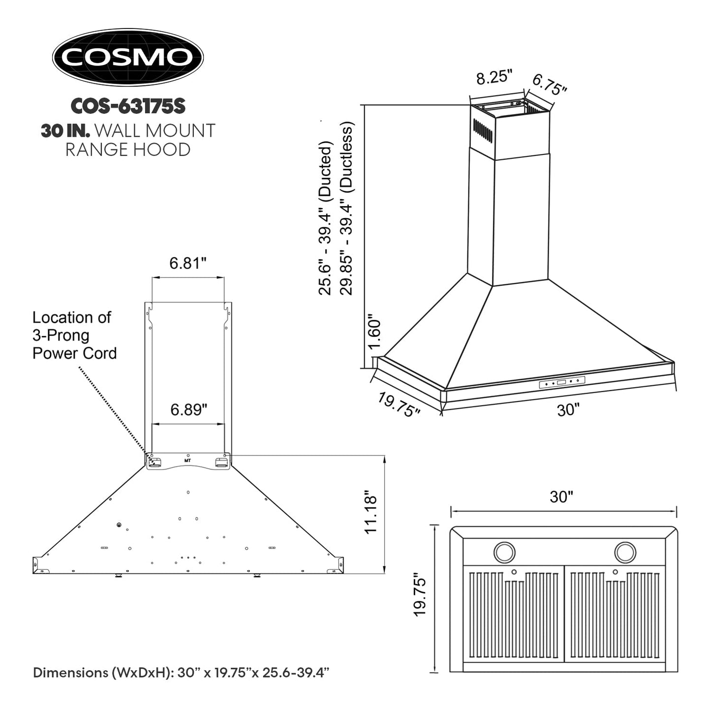 COSMO COS-63175S 30 in. Vista Collection 380 CFM Ducted Wall Mount Range Hood, Touch Controls, LED Lights, Stainless Steel