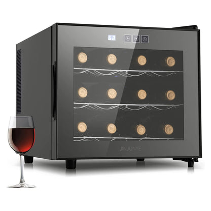 JINJUNYE Wine Cooler Refrigerator, 12 Bottle Small Wine Fridge, Countertop Wine Cooler Temperature Control, Mini Freestanding Wine Cellars Glass Door for Home, Office