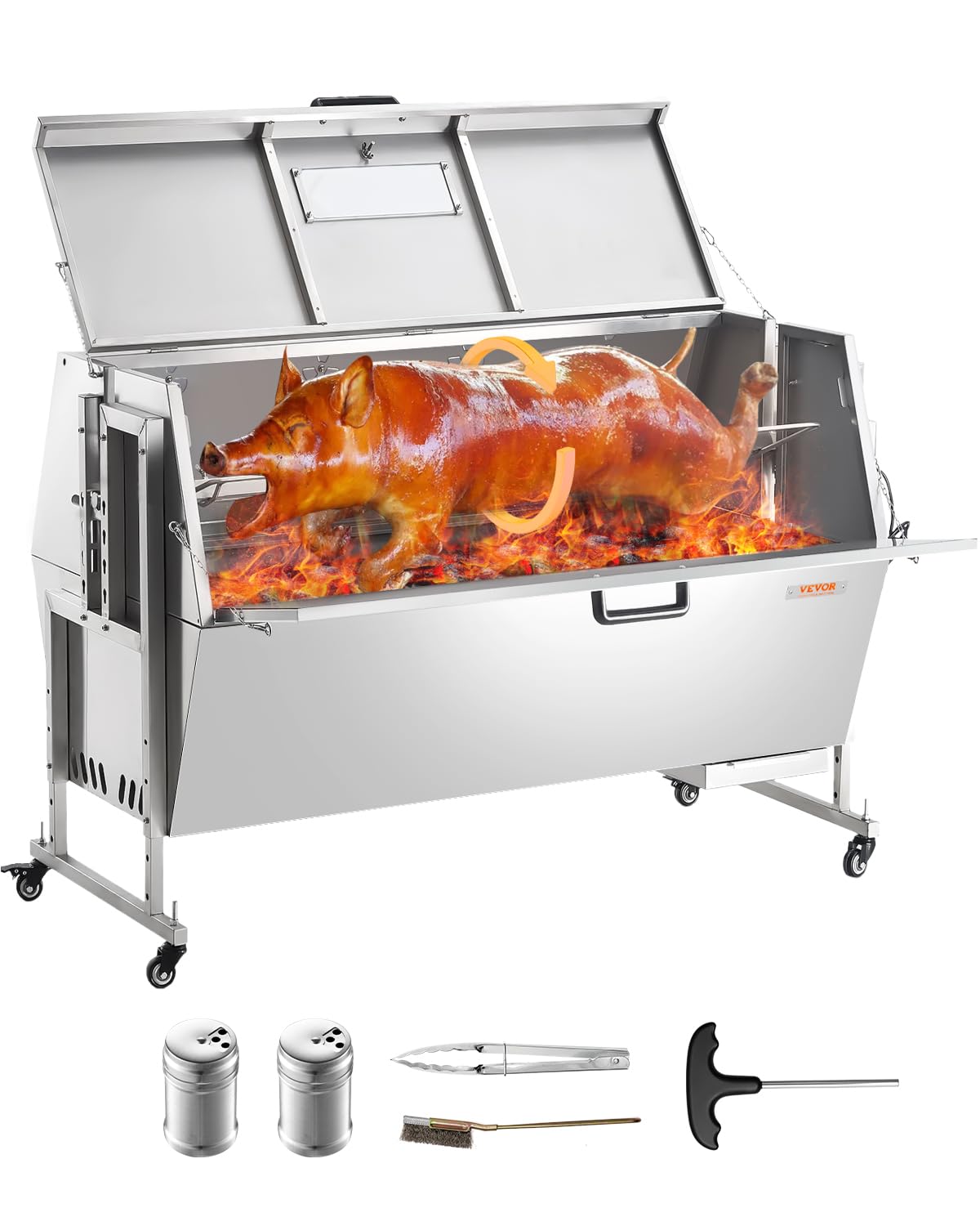 VEVOR 60W Rotisserie Grill z Kapturkiem, 56-calowy Rotisserie Pig Lamb Goat, Pojemność 286Lbs, Rożen węglowy ze stali nierdzewnej z blokowanymi kółkami, do grillowania na kempingu i na zewnątrz