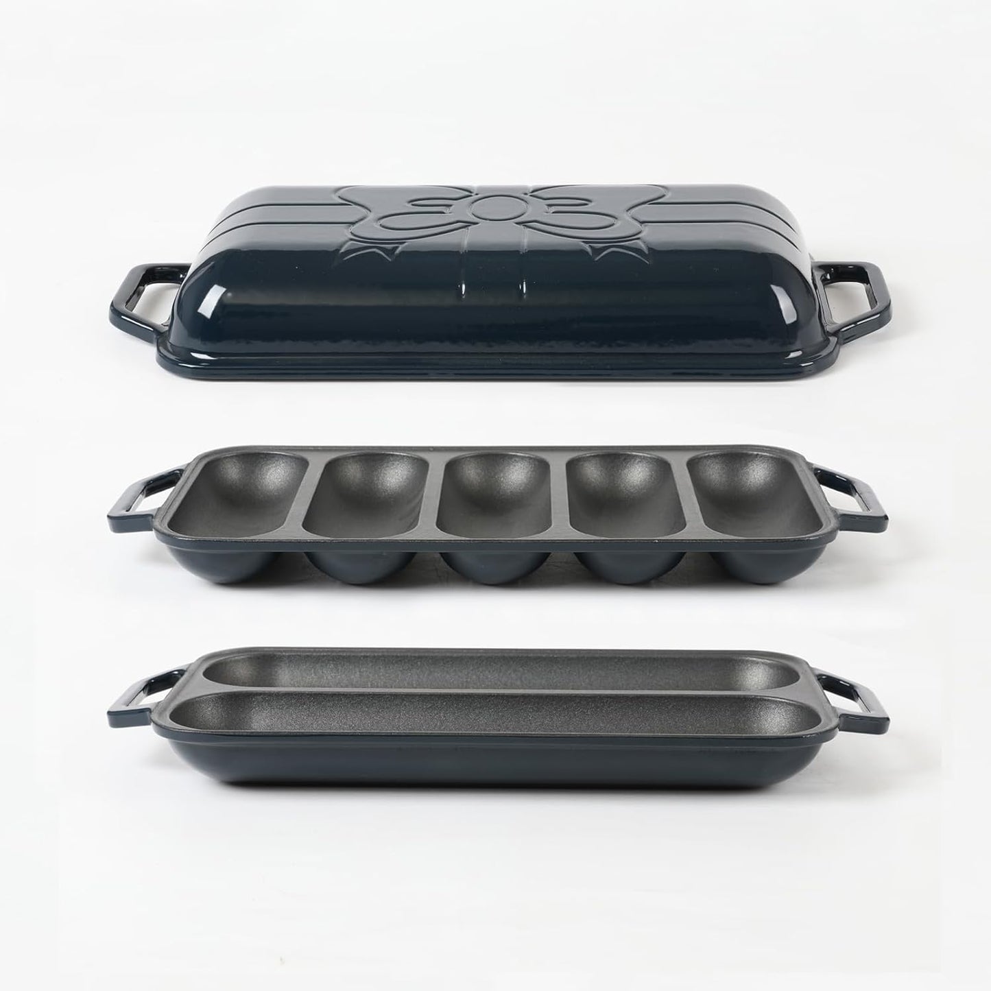 HAWOK Enameled Cast Iron French Baguette Baker, Hot Dog Bake Tray, Baguette Pan with Handles and Lid, Navy Blue