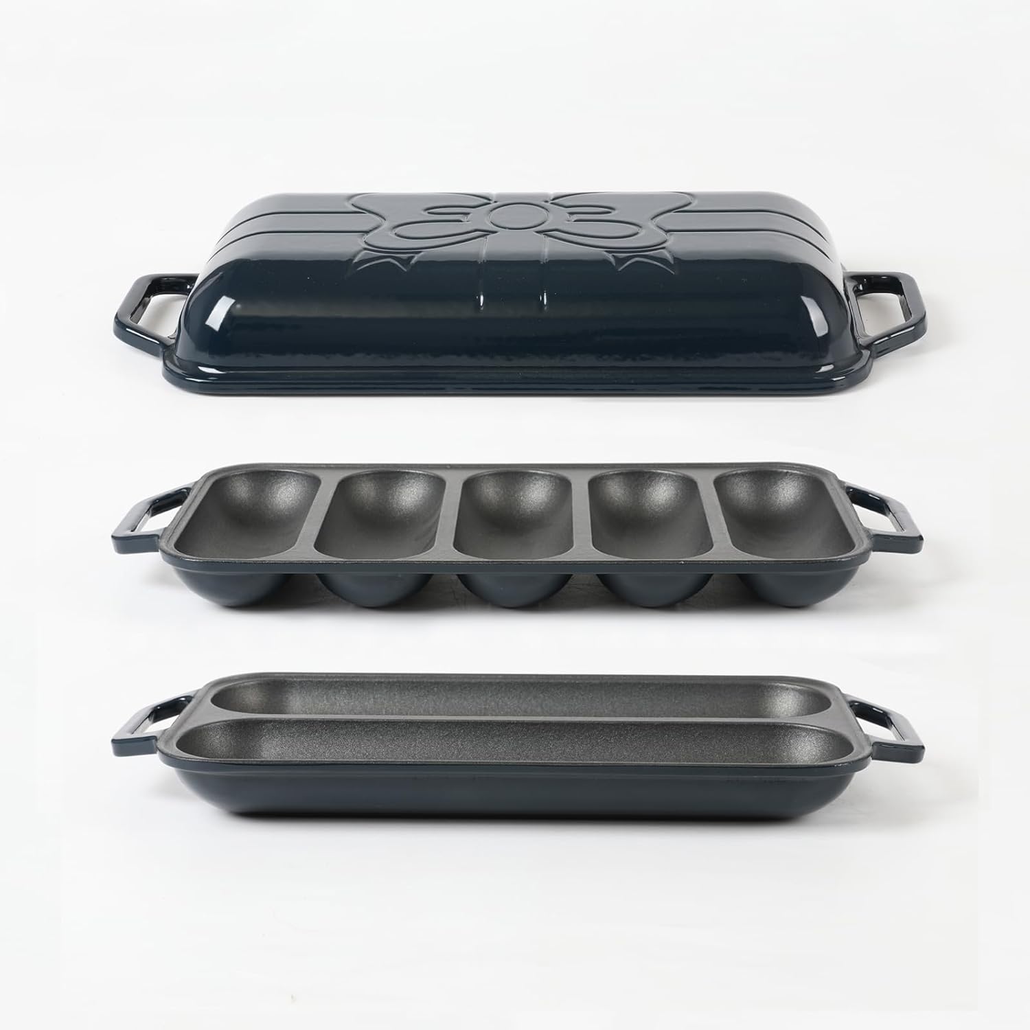 HAWOK Enameled Cast Iron French Baguette Baker, Hot Dog Bake Tray, Baguette Pan with Handles and Lid, Navy Blue