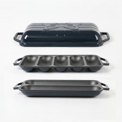 HAWOK Enameled Cast Iron French Baguette Baker, Hot Dog Bake Tray, Baguette Pan with Handles and Lid, Navy Blue