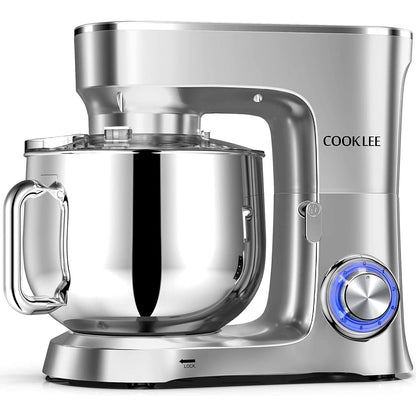 COOKLEE Stand Mixer, 8.5 Qt. 660W 10-Speed Electric Kitchen Mixer with Dishwasher-Safe Dough Hooks, Flat Beaters, Wire Whip & Pouring Shield Attachments for Most Home Cooks, Silver