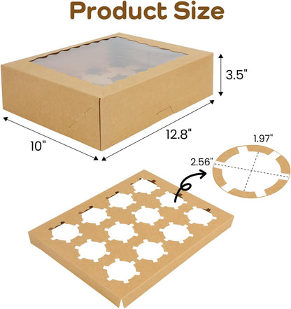 15-Set Cupcake Boxes Hold 12 Standard Cupcakes, Auto-Popup Cupcake Containers with Windows and Inserts, Brown Cupcake Carrier, Food Grade Kraft Cupcake Holders