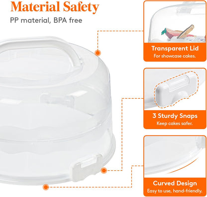 Lifewit Cake Carrier with Lid and Handle, Two Sided Cupcake Carrier Holder for 10” Cake or 9 Standard-Sized Cupcakes, Plastic Round Cake Transport Storage Container Stand for Pies and Cookies, White