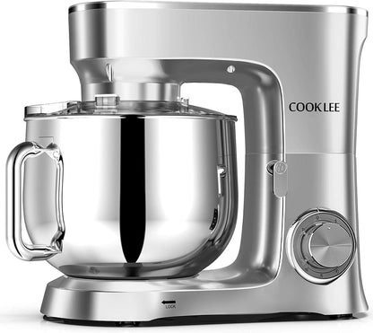 COOKLEE Stand Mixer, 8.5 Qt. 660W 10-Speed Electric Kitchen Mixer with Dishwasher-Safe Dough Hooks, Flat Beaters, Wire Whip & Pouring Shield Attachments for Most Home Cooks, Silver