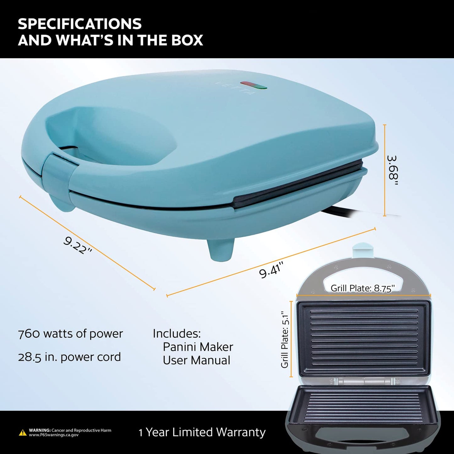 VETTA 760-Watt Nonstick Panini Press, Sandwich Maker, Automatic Temperature Control, Nonstick Coating, Nonslide Feet, Indoor Large Versatile Grill, 28.5 in. Wrappable Power Cord, Seafoam Blue