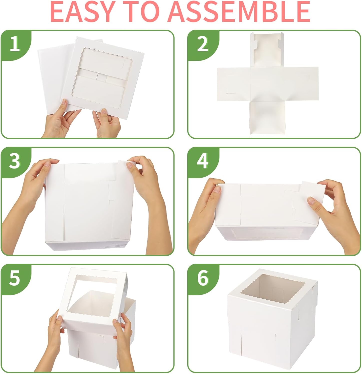 Moretoes 12 Pcs Cake Box, Tall Cake Boxes with Window in 3 Sizes 12x12x12 10x10x10 8x8x8 Inches, Bakery Boxes Disposable Carrier Take Out Container, 2 or 3 Tier for Valentine's Day Mother's Day