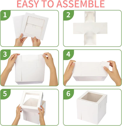 Moretoes 12 Pcs Cake Box, Tall Cake Boxes with Window in 3 Sizes 12x12x12 10x10x10 8x8x8 Inches, Bakery Boxes Disposable Carrier Take Out Container, 2 or 3 Tier for Valentine's Day Mother's Day
