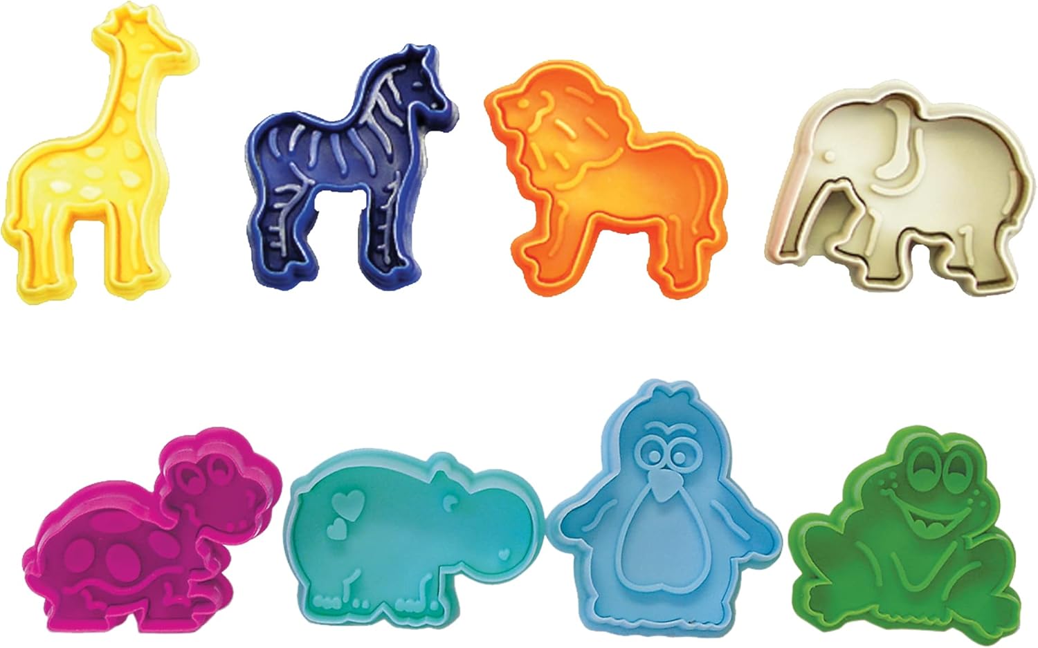 R&M Animal Cookie Stamper, Zoo Animal, Giraffe, Zebra, Lion, Elephant, Turtle, Hippo, Penguin, Frog, 2 Inch, 8 Piece Set