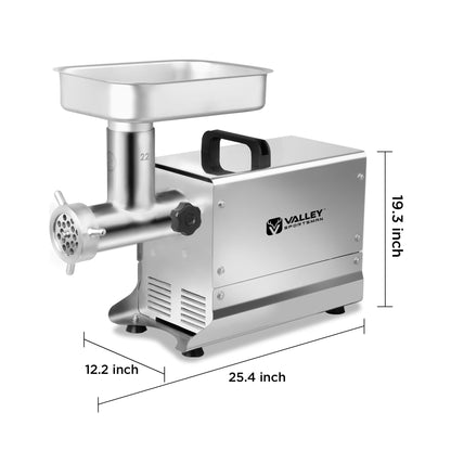 Valley Sportsman #22 Stainless Steel Meat Grinder, 1 HP 750W, Mirror Polishing, Heavy Duty, Sausage Stuffer with 4.5mm/10mm Grinding Plates, Sausage Tubes & Meat Stomper, for Commercial & Daily Use