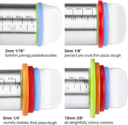 Rolling Pin and Pastry Baking Mat Set, Rolling Pins with Adjustable Thickness Rings, Stainless Steel Dough Roller for Baking Fondant, Pizza, Pie, Pastry, Pasta, Cookies (Red Mat)