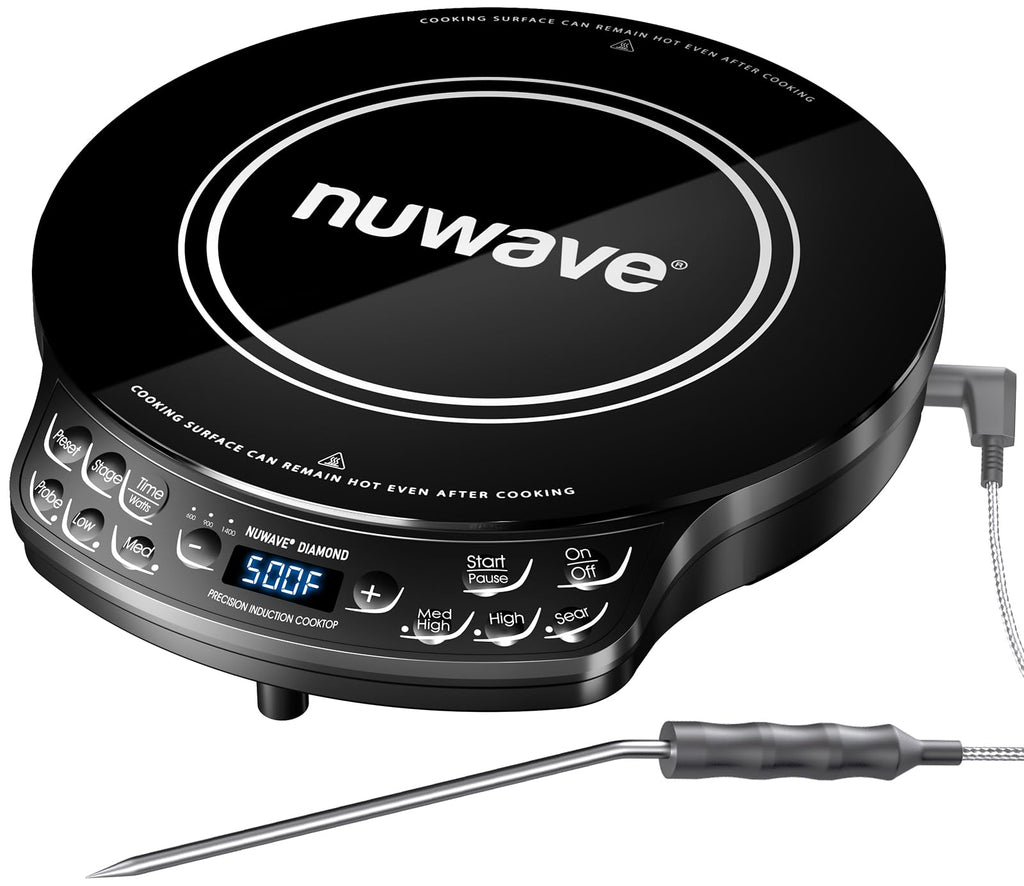 Портативна індукційна плита Nuwave Diamond із зондом, удосконалена настільна конфорка, 91 температурний режим від 10°C до 260°C, ударостійке керамічне скло 30 см і нагрівальна спіраль 16,5 см, ідеально підходить для кемпінгу, невеликих квартир, подорожей