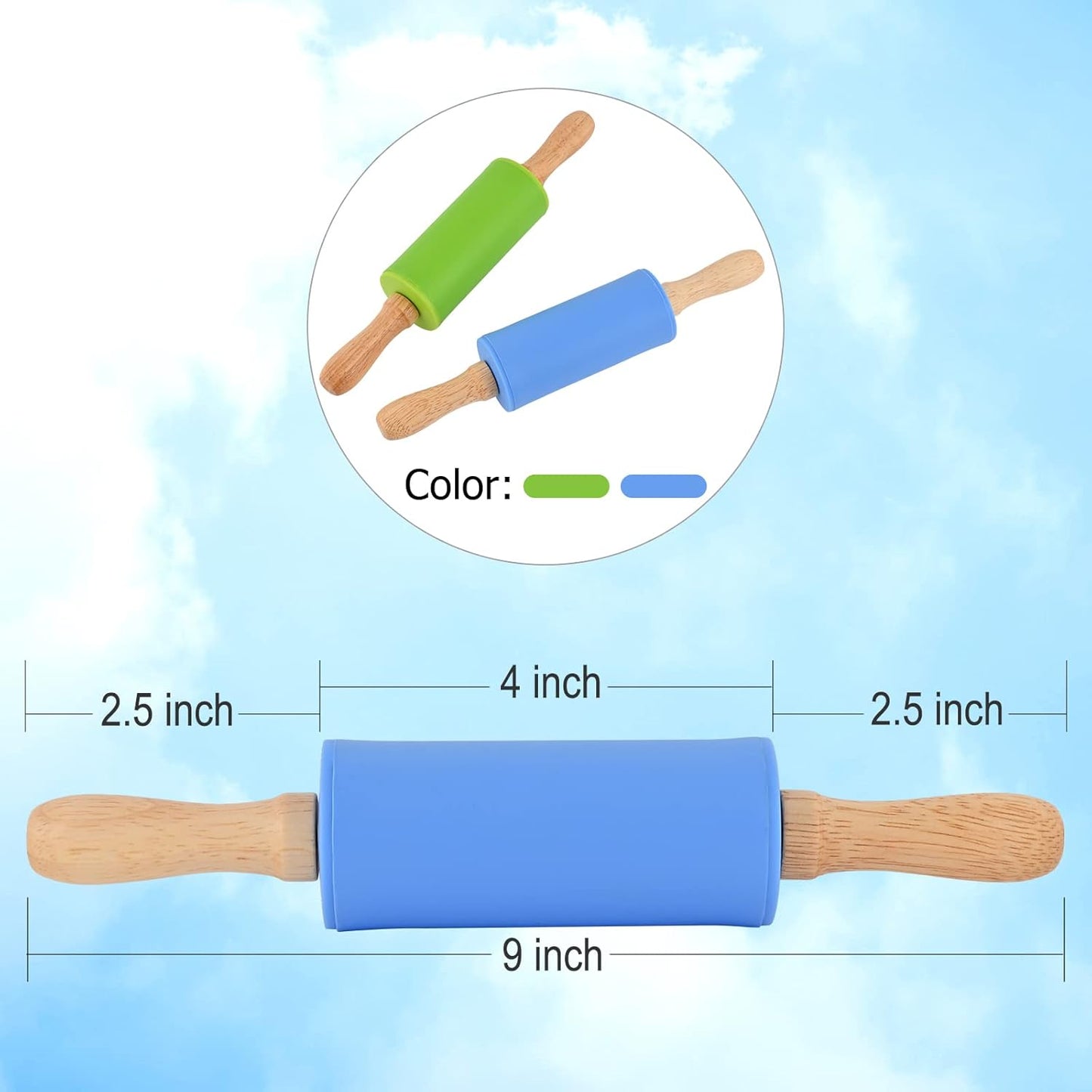 Mini Silicone Rolling Pin for Kids, Non-stick Surface Wood Handle, 9 Inch 2 Pack