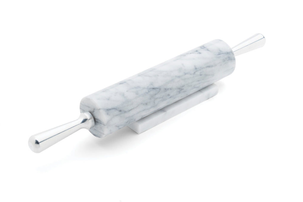 Fox Run Polished Marble Rolling Pin with Wooden Cradle, 10-Inch Barrel, White
