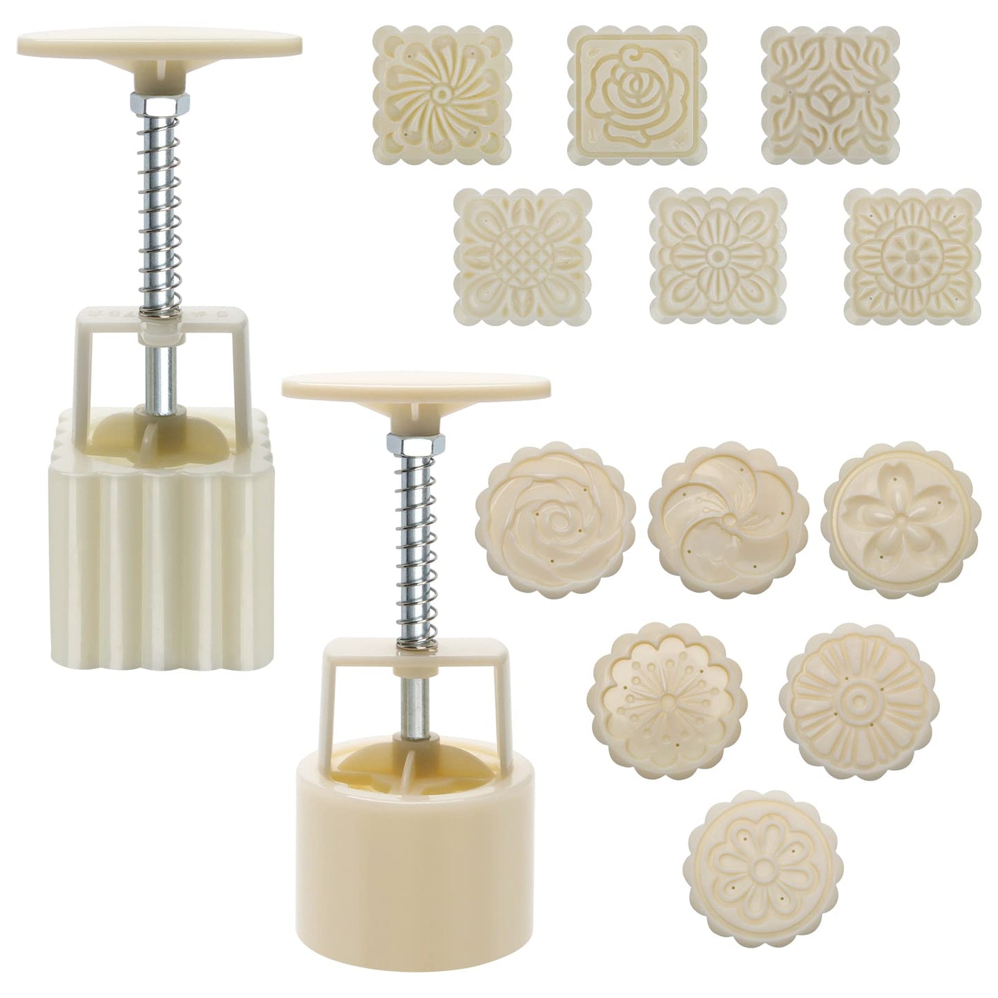Luxiv Moon Cake Mould 50g, 12 PCS Pattern Hand-Pressure Mooncake Molds for Mid-Autumn DIY Pastry Tool 2 Sets with 6pcs Round Flower Mooncake Mode and 6 Pcs Square Pattern Mooncake Mould (White, 50g)