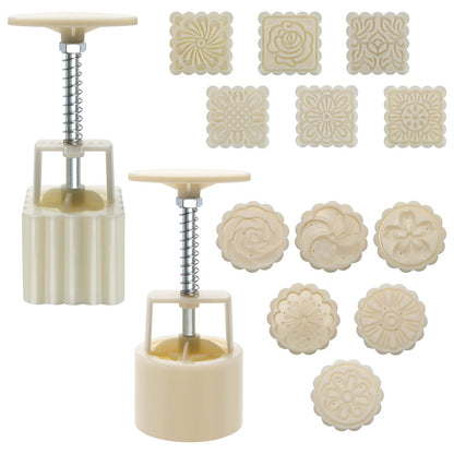 Luxiv Moon Cake Mould 50g, 12 PCS Pattern Hand-Pressure Mooncake Molds for Mid-Autumn DIY Pastry Tool 2 Sets with 6pcs Round Flower Mooncake Mode and 6 Pcs Square Pattern Mooncake Mould (White, 50g)