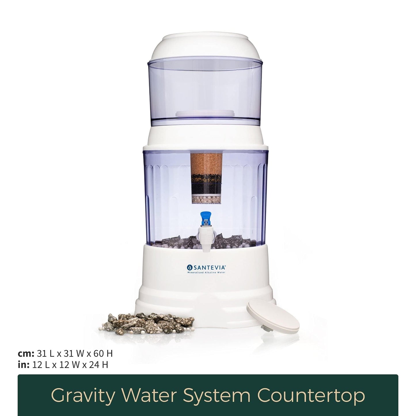 Santevia Gravity Water System Filter | at Home Water Filter That Makes Water Alkaline and Adds Minerals | Chlorine and Fluoride Filter (Countertop Model)