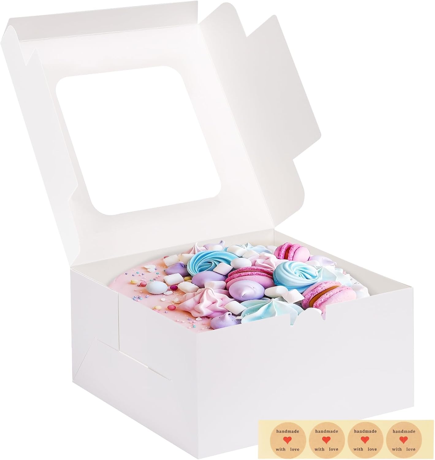 Moretoes 4 Pack Cake Boxes with Window, 10x10x5 Inches White Bakery Containers, 10 Inch White Cake Carrier, Disposable Bakery Boxes for Valentine's Day Mother's Day Cake Cupcake Cookie Pie Pastry