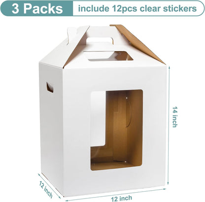 3 Pack Tall Cake Boxes for Tier Cakes 12x12x14 Inch Disposable Layer Tall Baking Carrier with Window Large Tierd Bakery Take Out Transport Containers with Handle for Wedding, Birthday, Party