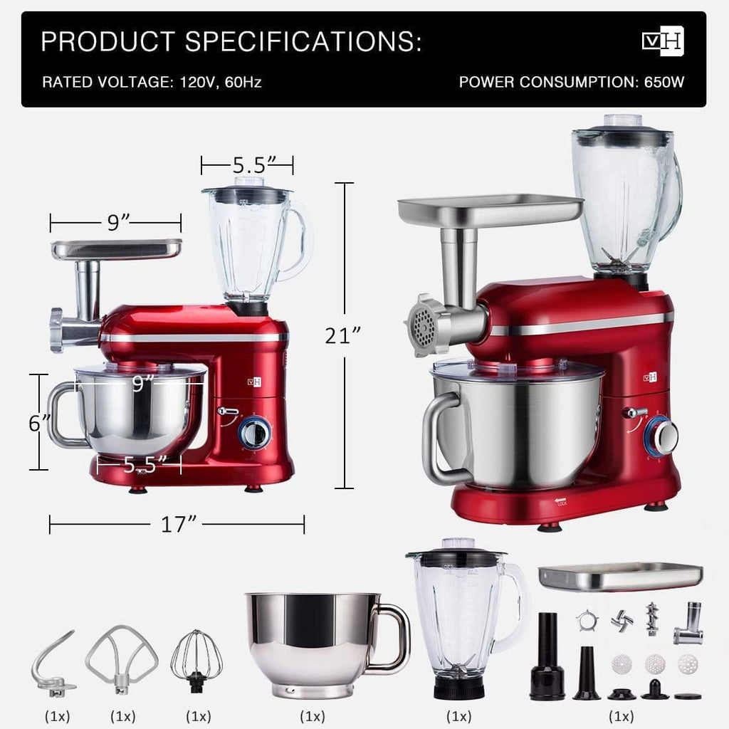 VIVOHOME 3 w 1 wielofunkcyjny mikser stojący z 6-litrową misą ze stali nierdzewnej, 650 W, 6-biegowa maszynka do mięsa z odchylaną głowicą, blender do soków, czerwony