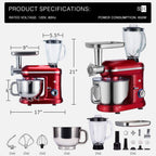 VIVOHOME 3 w 1 wielofunkcyjny mikser stojący z 6-litrową misą ze stali nierdzewnej, 650 W, 6-biegowa maszynka do mięsa z odchylaną głowicą, blender do soków, czerwony