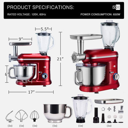 VIVOHOME 3 in 1 Multifunctional Stand Mixer with 6 Quart Stainless Steel Bowl, 650W 6 Speed Tilt-Head Meat Grinder, Juice Blender, Red