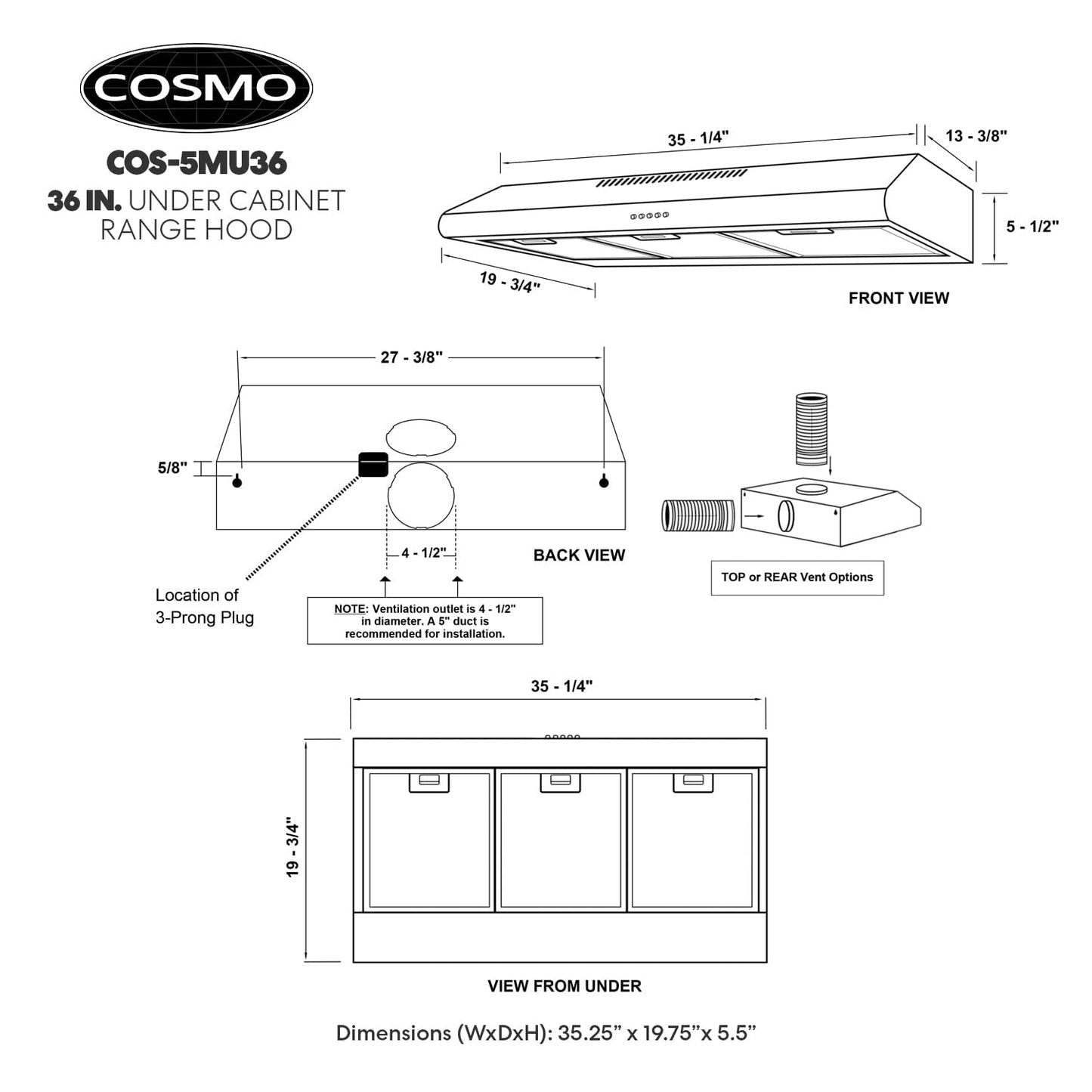 COSMO COS-5MU36 36 in. Delta Collection Ducted Under Cabinet Range Hood, Button Controls, Reusable Filters, LED Lights, Stainless Steel