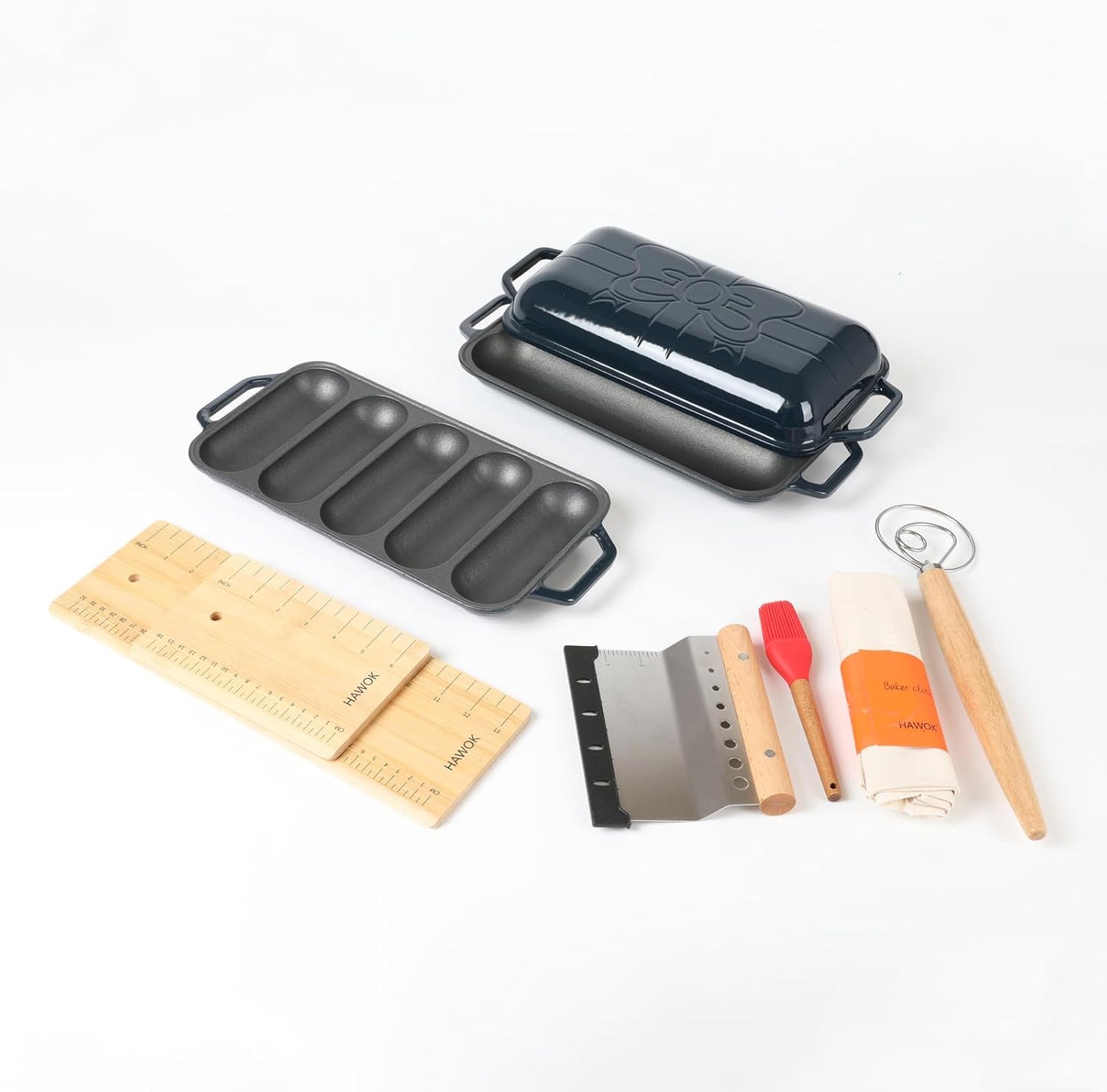 HAWOK Enameled Cast Iron French Baguette Baker, Hot Dog Bake Tray, Baguette Pan with Handles and Lid, Navy Blue