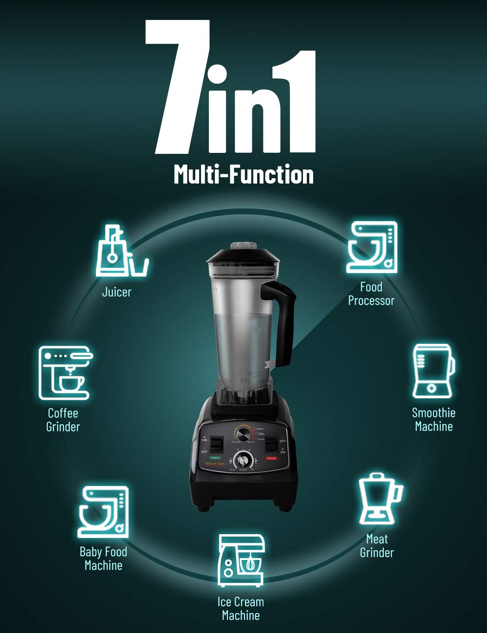 WantJoin Profesjonalny blender, Blender blatowy, Blender kuchenny Max 1800 W Wysokiej mocy domowy i komercyjny blender z timerem, Smoothie Maker 2200 ml do kruszenia lodu, mrożonych deserów, zup, ryb