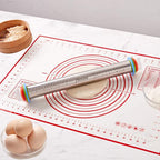 Rolling Pin and Silicone Baking Pastry Mat Set, Stainless Steel Dough Roller, Rolling Pins with Adjustable Thickness Rings, for Baking Fondant, Pizza, Pie, Pastries, Pasta, Cookies