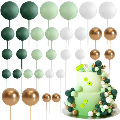 ASTARON 32 Pcs Ball Cake Topper Decorations Mini Balloons Cake Topper Sticks Foam Balls Cake Picks Cake Topper Balls Cake Decorations for Wedding Party Birthday Cake Decorating (Green Brown Gold)
