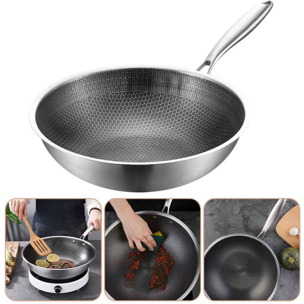 Нержавіюча сталь Yardwe Wok Посуд з нержавіючої сталі з плоским дном Wok Плита Сковорода для локшини Електрична плита Wok Глибока сковорода Каструля Антипригарна сковорода з нержавіючої сталі Сковорода для гриля Wok